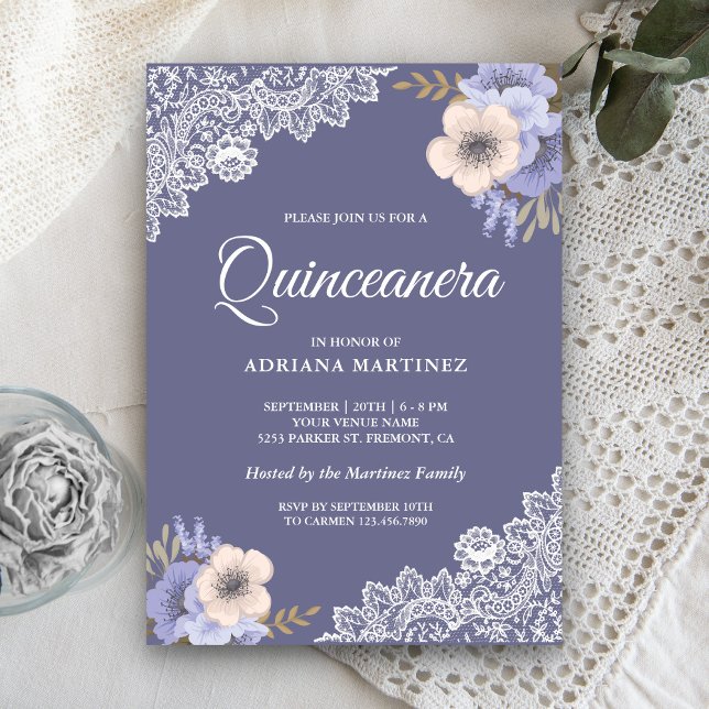 Rustic Dusty Purple Floral Lace Quinceanera Invitation (Creator Uploaded)