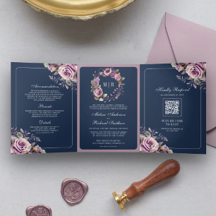 Rustic Dusty Purple Floral Navy QR Code Wedding Tri-Fold Invitation