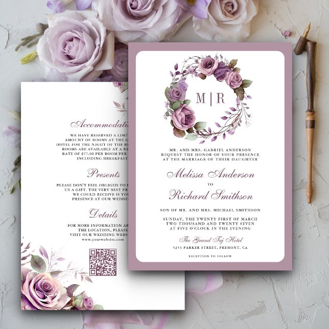 Rustic Dusty Purple Floral QR Code Wedding Invitation (Creator Uploaded)