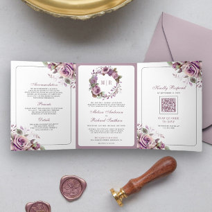 Rustic Dusty Purple Floral QR Code Wedding Tri-Fold Invitation