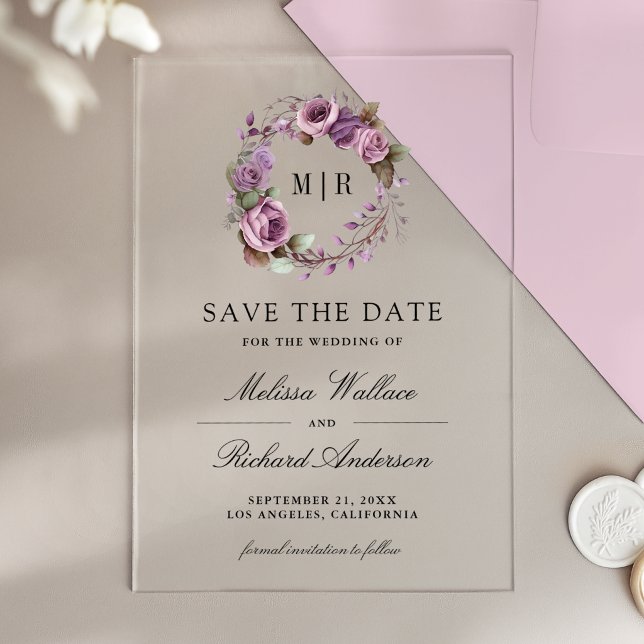 Rustic Dusty Purple Floral Wedding Save the Date Acrylic Invitations (Creator Uploaded)