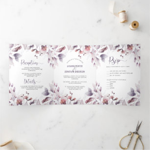 Rustic Dusty Purple Mauve Pink Floral Wedding Tri-Fold Invitation