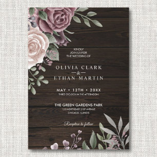 Rustic Dusty Rose Floral Bouquet on Dark Wood Invitation