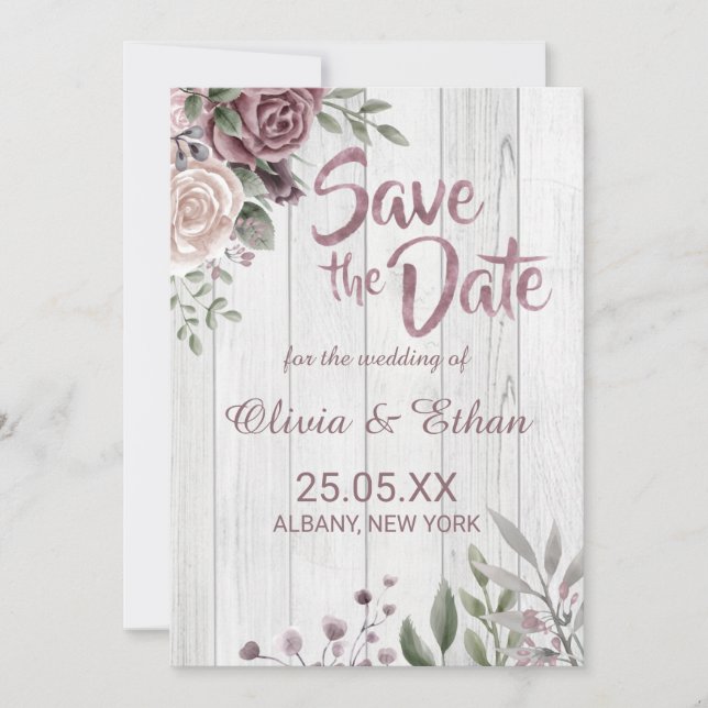 Rustic Dusty Rose Floral on Wood Save The Date (Front)