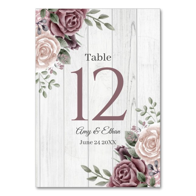 Rustic Dusty Rose Floral Wood Table Number (Front)