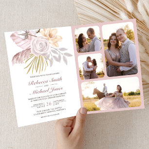 Rustic Dusty Rose Pink Floral QR Code Wedding Invitation