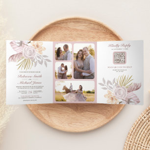 Rustic Dusty Rose Pink Floral QR Code Wedding Tri-Fold Invitation