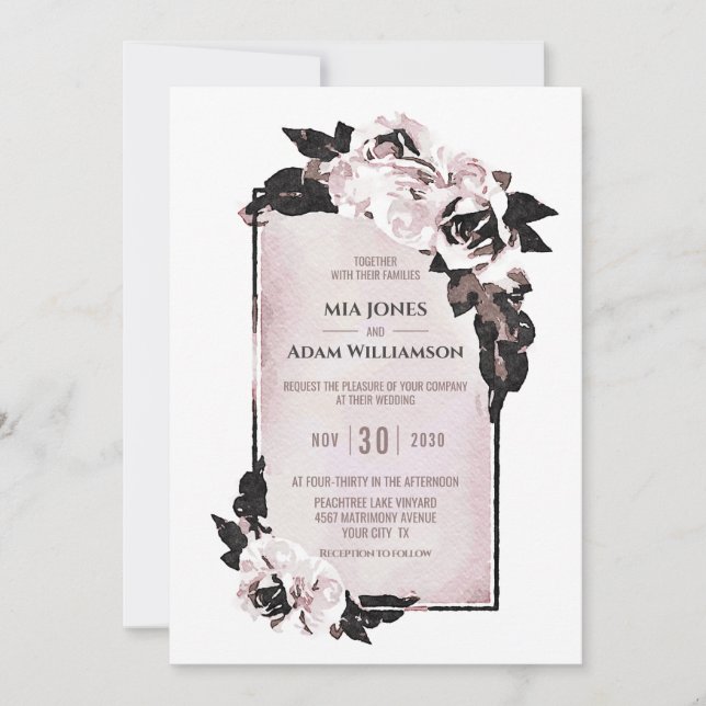 Rustic Dusty Rose Watercolor Floral Wedding Invitation (Front)