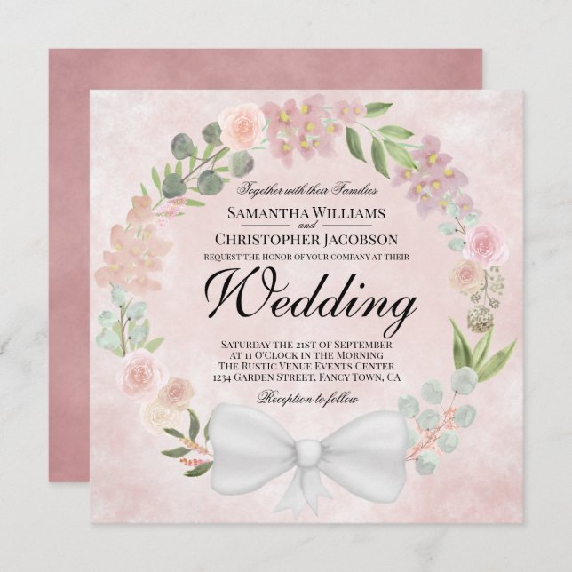 Rustic Dusty Rose Watercolor Wreath Wedding Invitation (Front/Back)