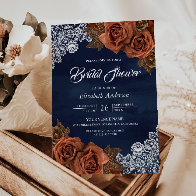 Rustic Dusty Terracotta Rose Navy Bridal Shower Invitation (Creator Uploaded)