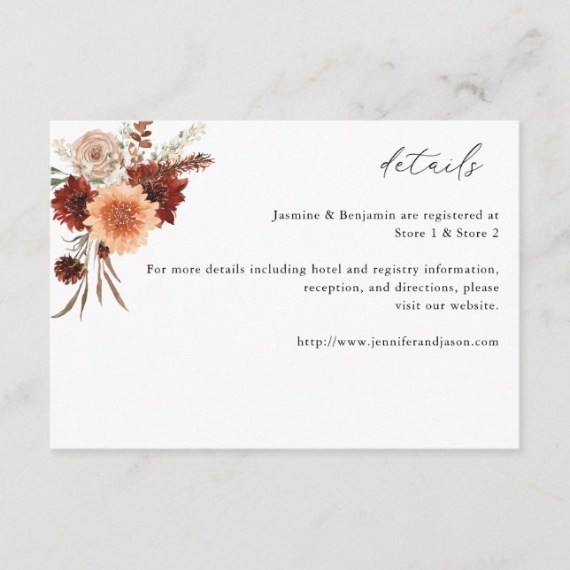 Rustic Earth & Champagne Florals Details Enclosure Card (Front)