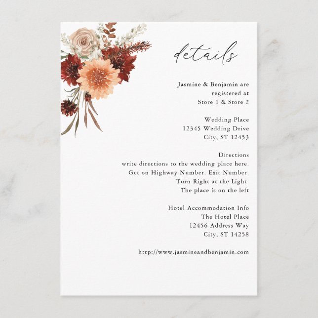 Rustic Earth & Champagne Florals Details Enclosure Card (Front)