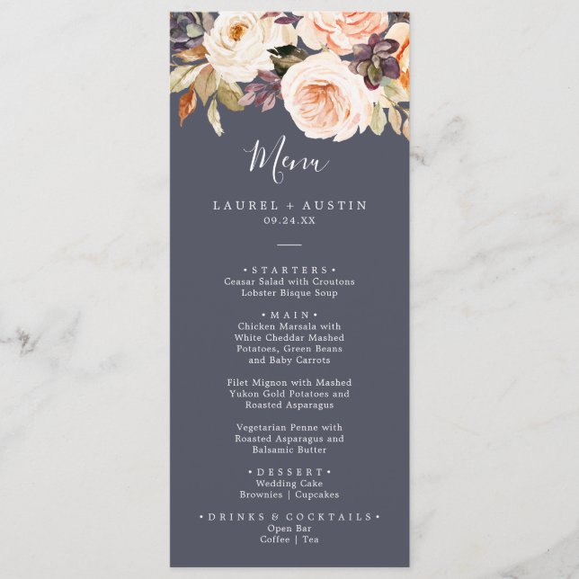 Rustic Earth Florals | Purple Wedding Dinner Menu (Front)