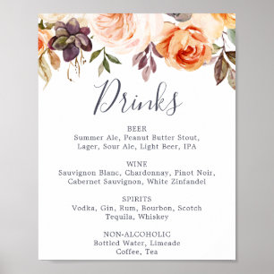 Rustic Earth Florals Wedding Drinks Menu Sign