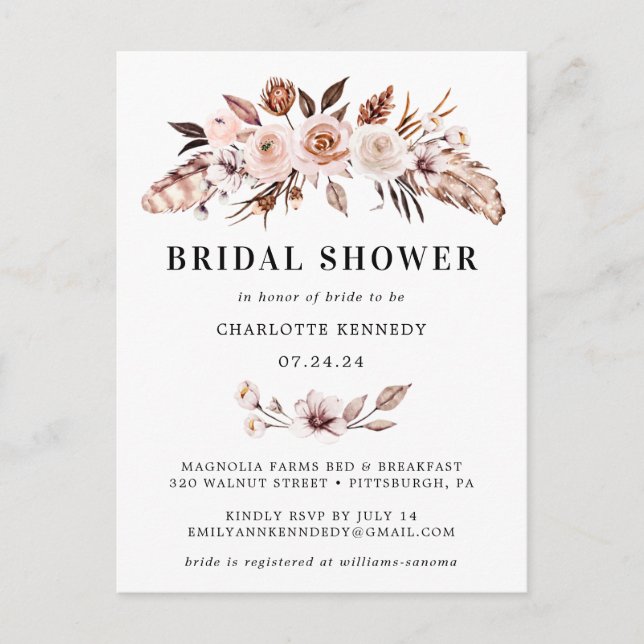 Rustic Earth-tone Boho Floral Bridal Shower  Invitation Postcard (Front)