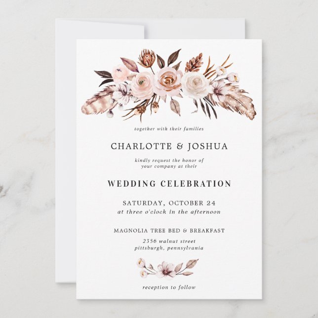 Rustic Earth-Tone Boho Floral Photo  Invitation (Front)