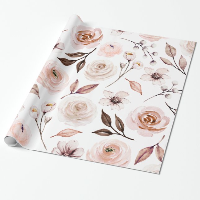 Rustic Earth-tone Boho Florals Gift Wrapping Paper (Unrolled)