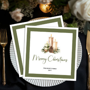 Rustic Earth Tone Christmas Candles Family Name  Napkin