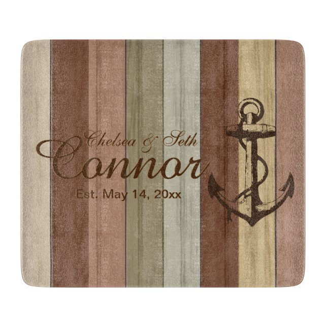 Rustic Earth tone Wood Nautical Stripes & Anchor Cutting Board (Front)