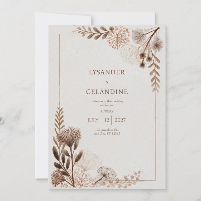 Rustic Earth Tones Folk Floral Wedding  Invitation (Front)