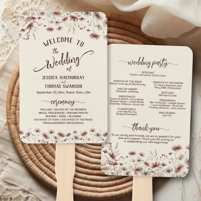 Rustic Earthtone Boho Wildflowers Wedding Program Hand Fan (Front/Back)