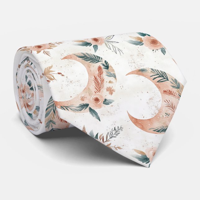 Rustic Earthy Boho Moon Floral Pattern (3) Tie (Rolled)
