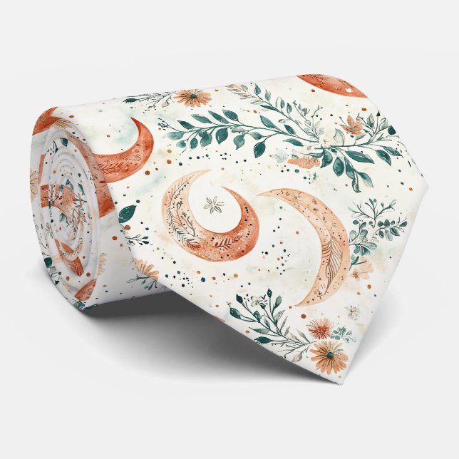 Rustic Earthy Boho Moon Floral Pattern (4) Tie (Rolled)