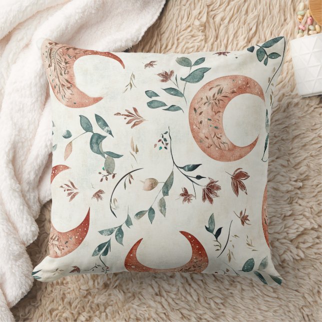 Rustic Earthy Boho Moon Floral Pattern Cushion (Blanket)