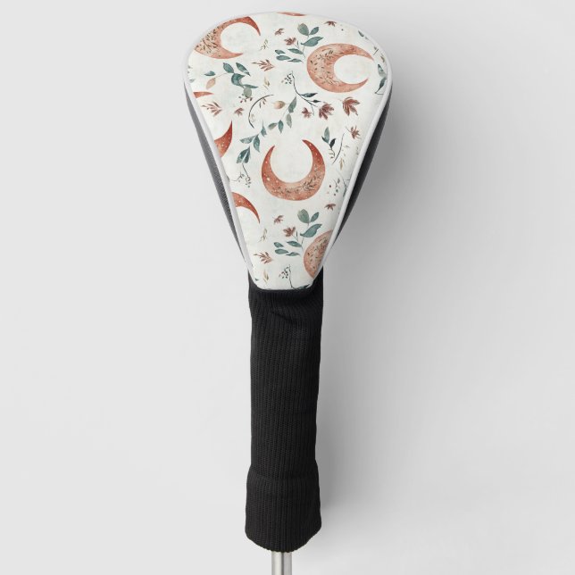 Rustic Earthy Boho Moon Floral Pattern Golf Head Cover (Front)