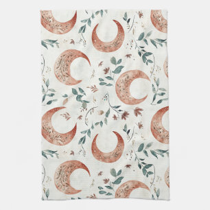 Rustic Earthy Boho Moon Floral Pattern Tea Towel