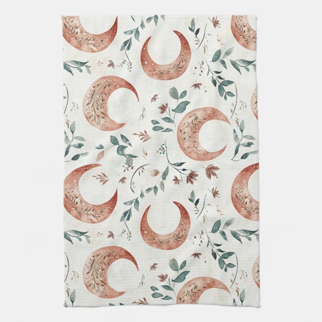 Rustic Earthy Boho Moon Floral Pattern Tea Towel (Vertical)