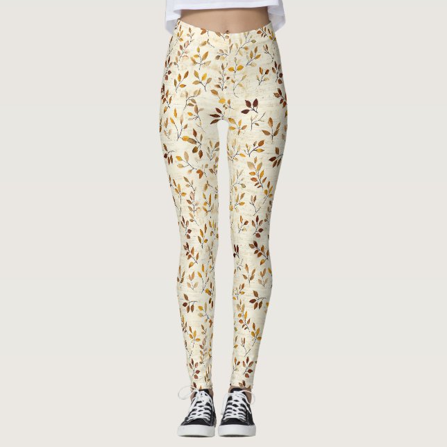 Rustic Earthy Botanical Leaves and Twigs Leggings (Front)