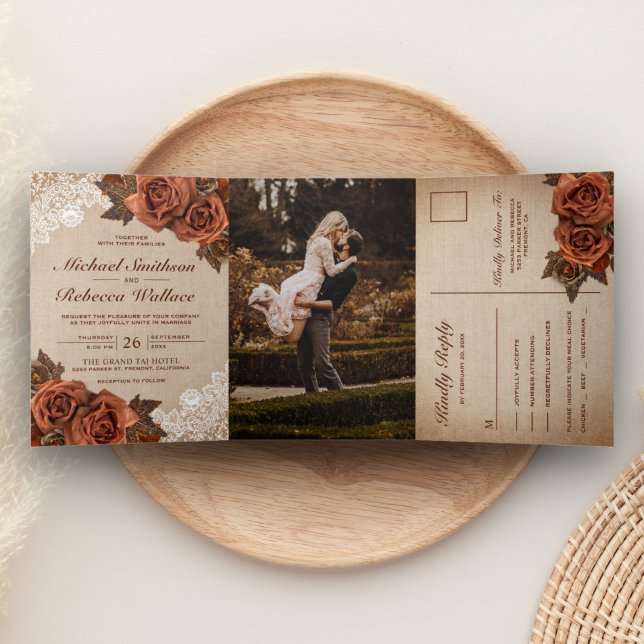 Rustic Earthy Burlap Dusty Terracotta Rose Wedding Tri-Fold Invitation (Creator Uploaded)