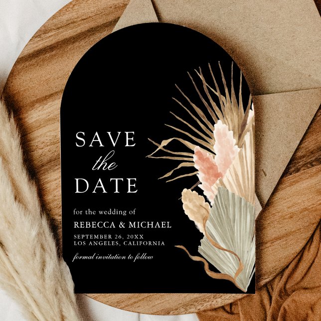 Rustic Earthy Dried Palm Pampas Black Wedding Save The Date (Creator Uploaded)