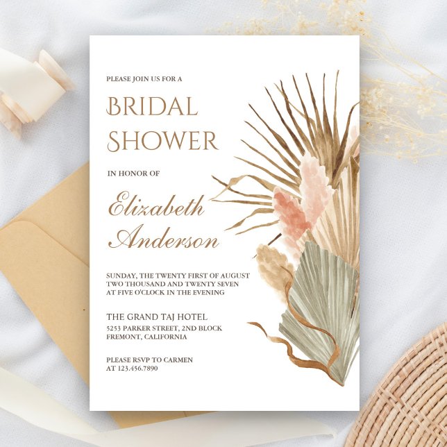 Rustic Earthy Dried Palm Pampas Bridal Shower Invitation (Creator Uploaded)