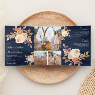 Rustic Earthy Dusty Peach Floral Navy Blue Wedding Tri-Fold Invitation