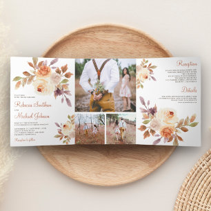 Rustic Earthy Dusty Peach Floral Wedding Tri-Fold Invitation