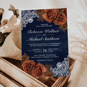 Rustic Earthy Dusty Terracotta Rose Navy Wedding Invitation