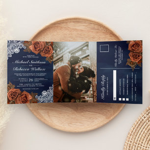 Rustic Earthy Dusty Terracotta Rose Navy Wedding Tri-Fold Invitation