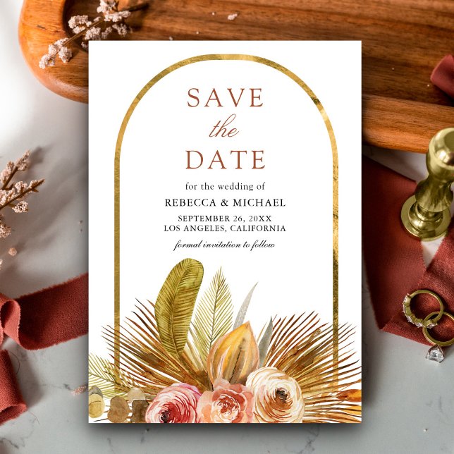 Rustic Earthy Floral Arch Gold Boho Wedding Save The Date (Creator Uploaded)