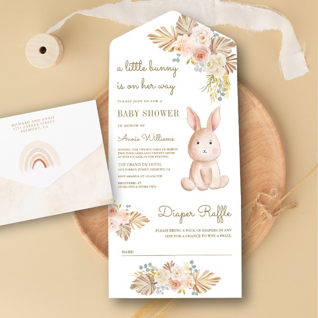 Rustic Earthy Floral Boho Bunny Rabbit Baby Shower All In One Invitation (Creator Uploaded)