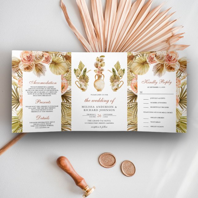Rustic Earthy Floral Pots Dried Boho Palm Wedding Tri-Fold Invitation (Creator Uploaded)