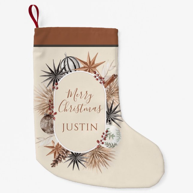 Rustic Earthy Merry Christmas Name Small Christmas Stocking (Front)