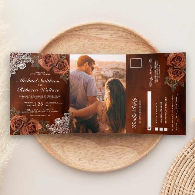 Rustic Earthy Orange Dusty Terracotta Rose Wedding Tri-Fold Invitation (Creator Uploaded)