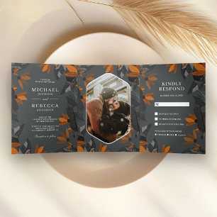 Rustic Earthy Orange Terracotta Floral Wedding Tri-Fold Invitation
