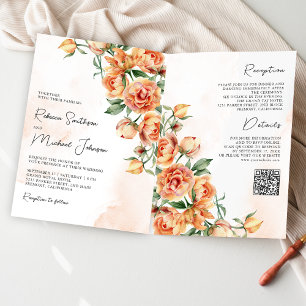 Rustic Earthy Peach Floral QR Code Wedding Invitation