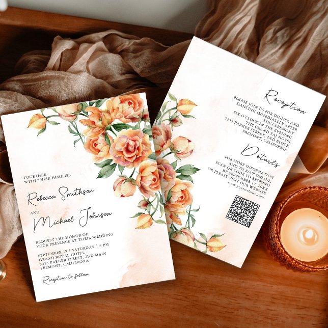 Rustic Earthy Peach Floral QR Code Wedding Invitation (Creator Uploaded)