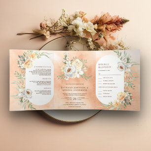 Rustic Earthy Soft Watercolor Peach Floral Wedding Tri-Fold Invitation