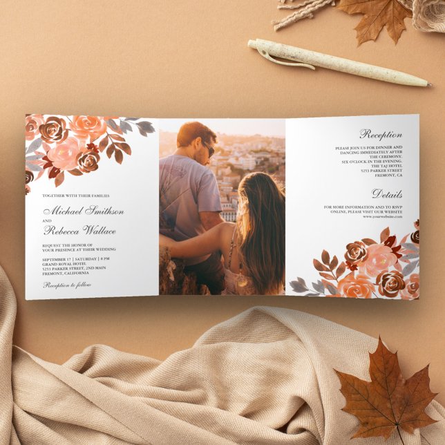 Rustic Earthy Terracotta Floral Wedding Tri-Fold Invitation (Creator Uploaded)