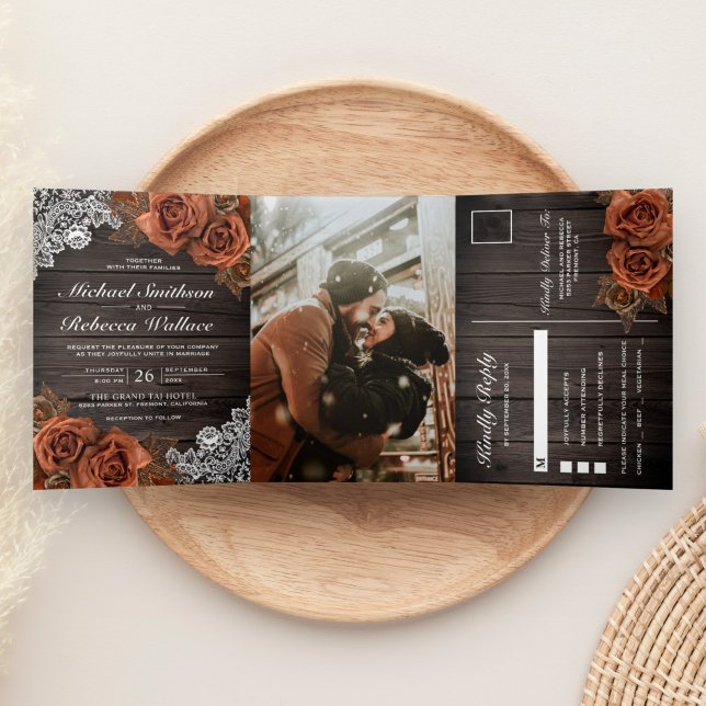Rustic Earthy Wood Dusty Terracotta Rose Wedding Tri-Fold Invitation (Creator Uploaded)
